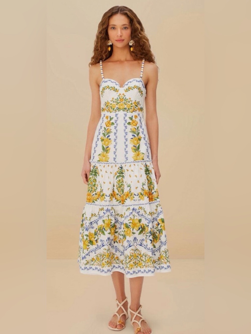 Bnwt Farm Rio White Maxi Dress With Yellow Floral And Blue Accents